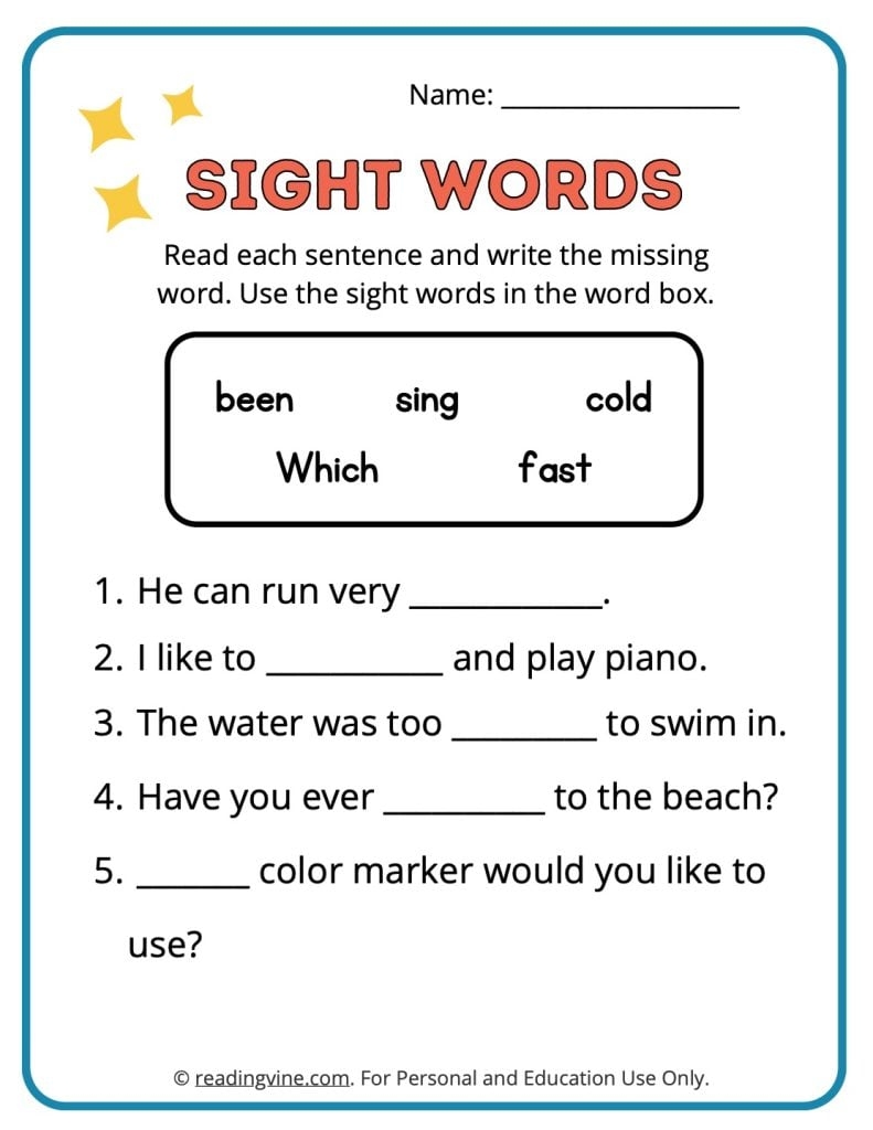 free sight word worksheets