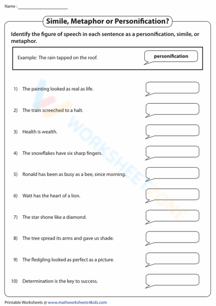 Simile Metaphor Or Personification Worksheet Worksheets Library