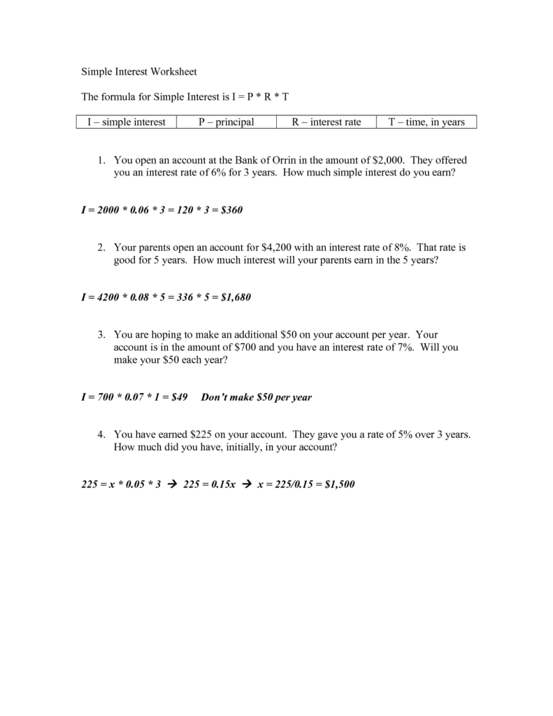 Simple Interest Worksheet