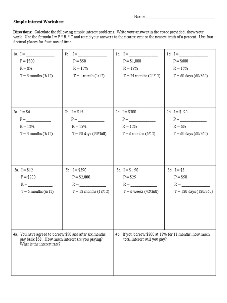 Simple Interest Worksheet PDF Worksheets Library