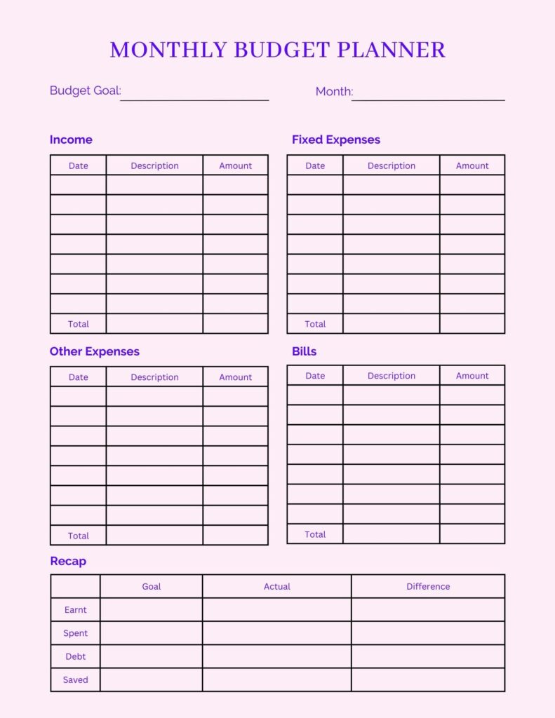 Simple Monthly Budget Printable Digital Download Pretty Buget Planner