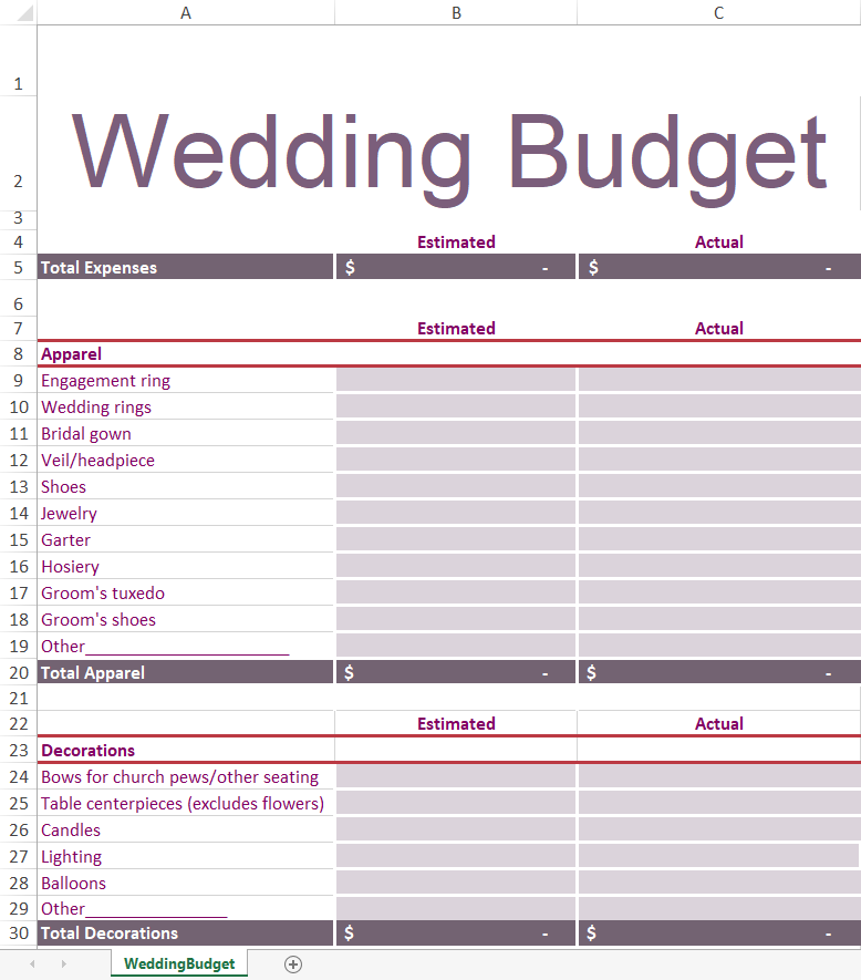Simple Wedding Budget Planner Excel Template Worksheets Library