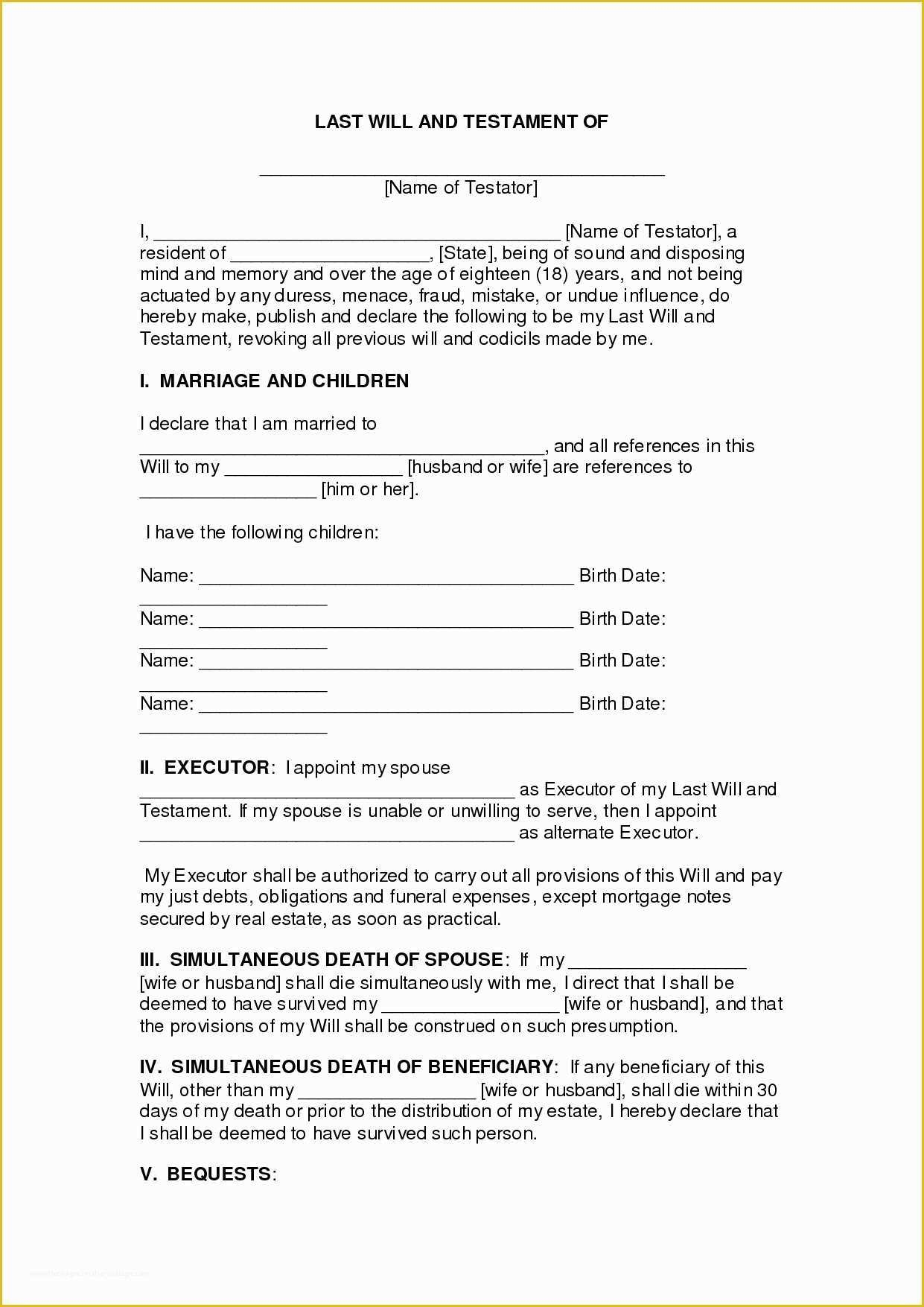 Simple Will Template Free Of Printable Living Will Form 