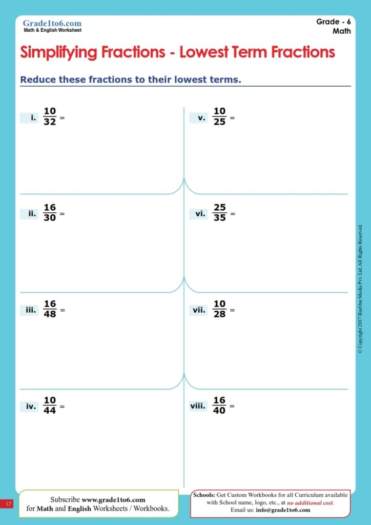 Simplifying Fractions Worksheets Grade1to6 Worksheets Library