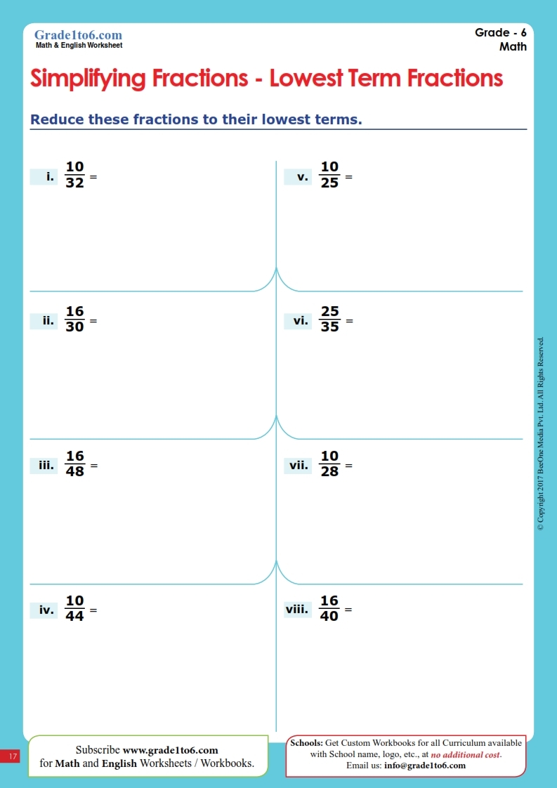 simplifying fractions worksheets