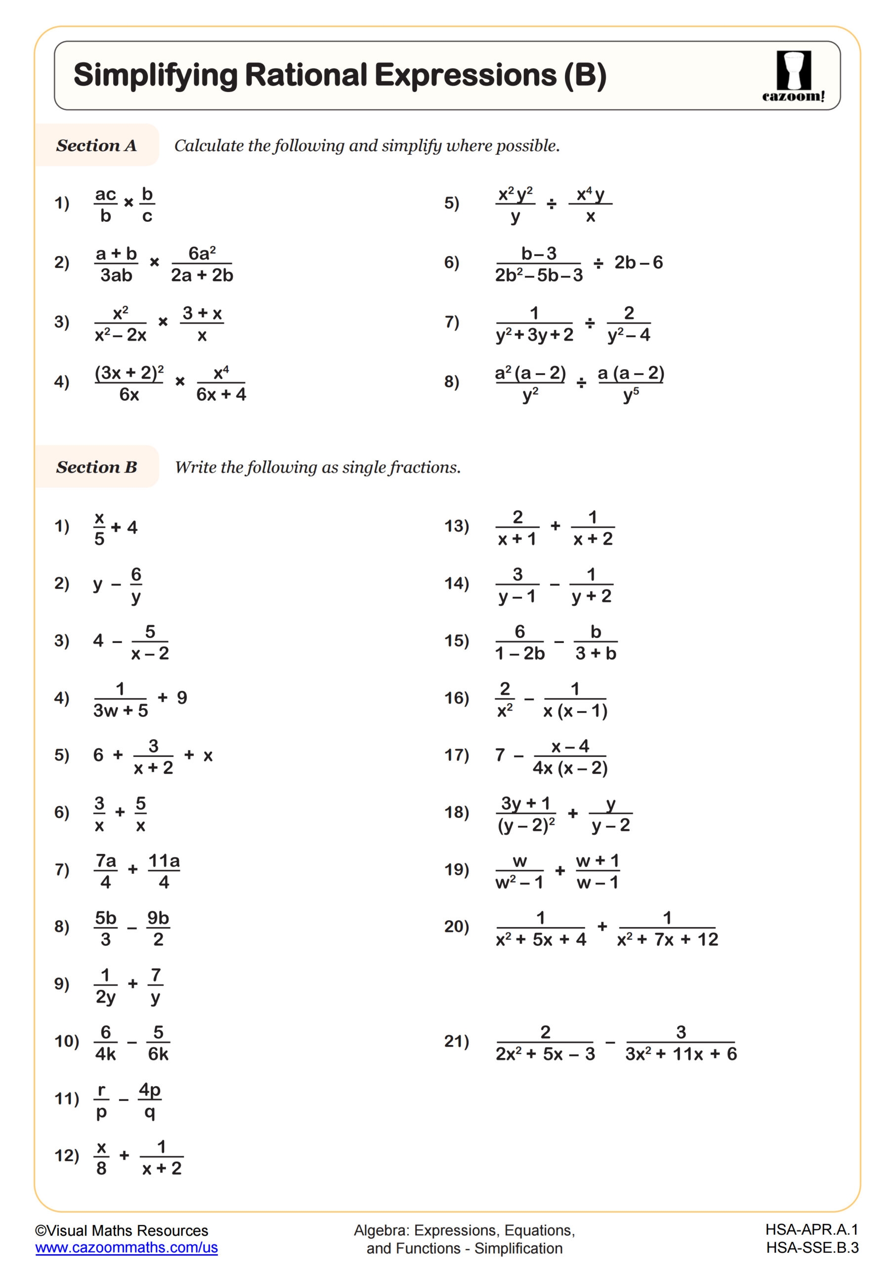 Simplifying Rational Expressions B Worksheet PDF Printable 