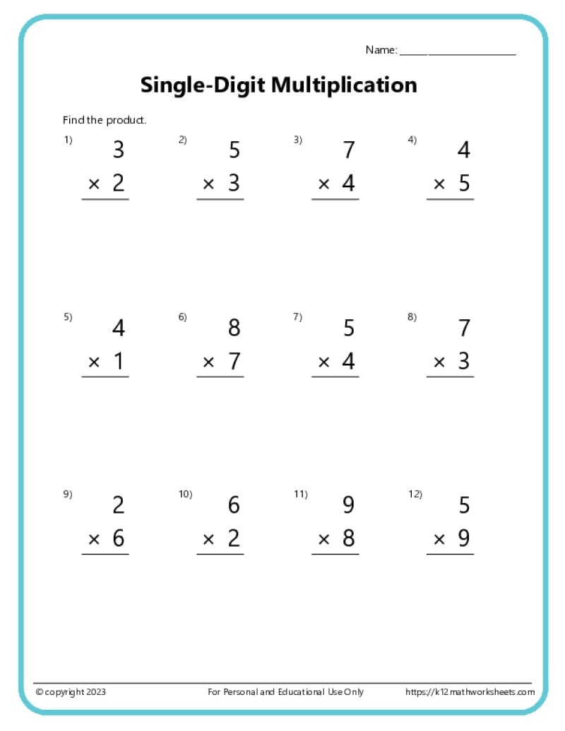 Single Digit Multiplication Worksheets