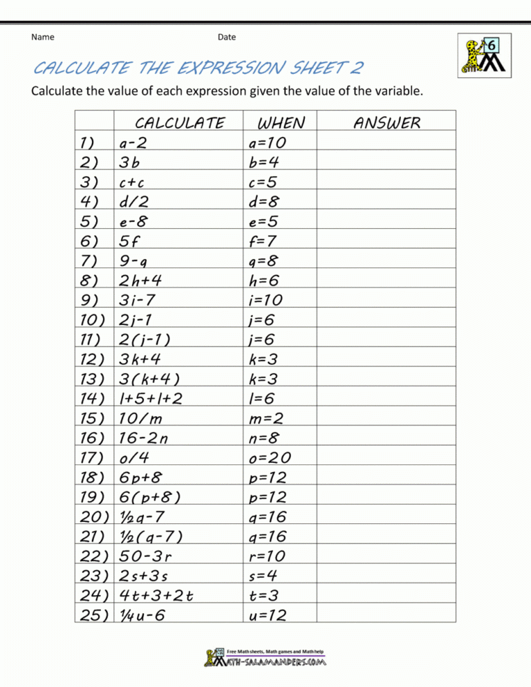 Sixth Grade Math Worksheets Db excel