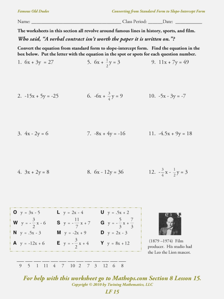 point slope form worksheet