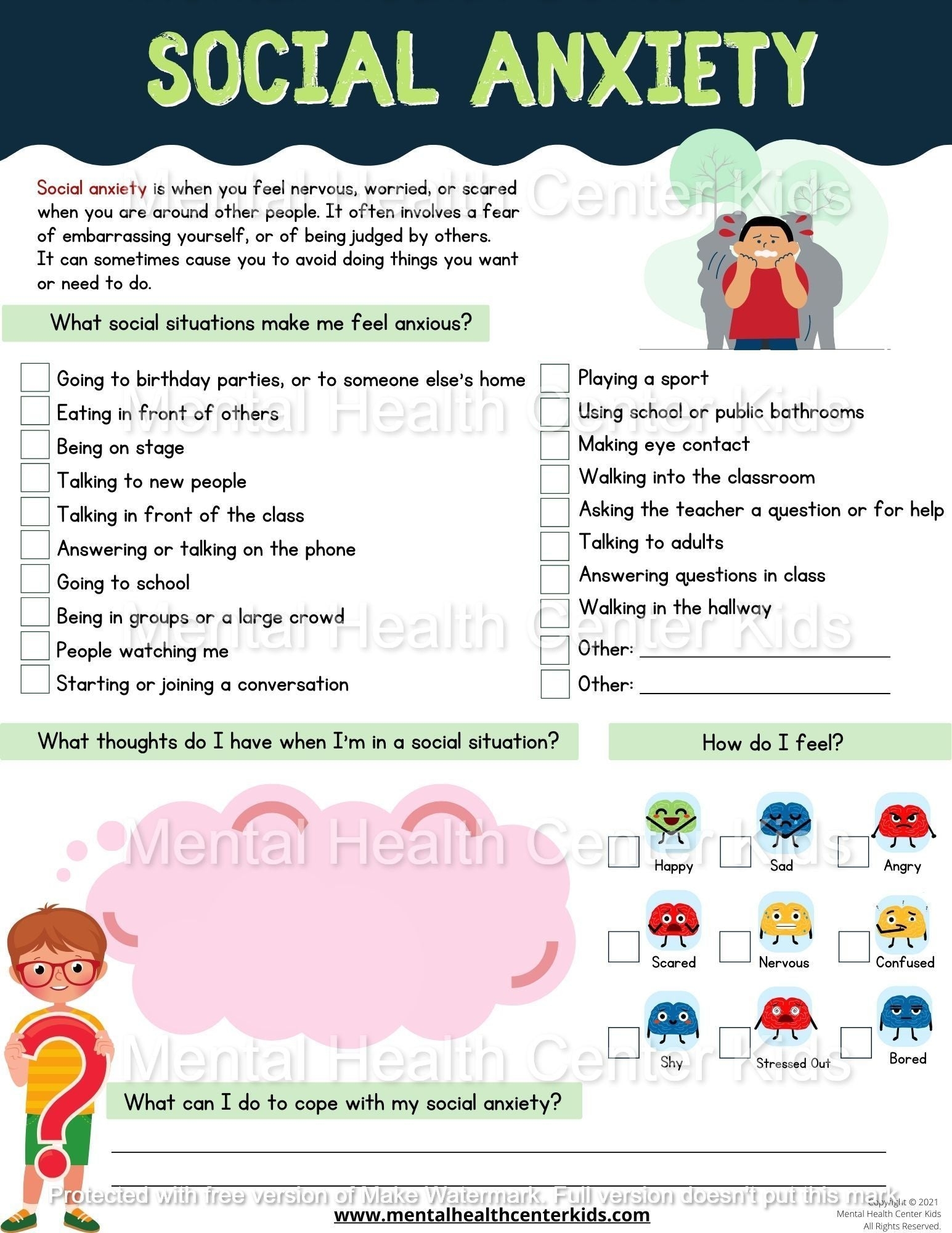 Social Anxiety Mental Health Center Kids Worksheets Library