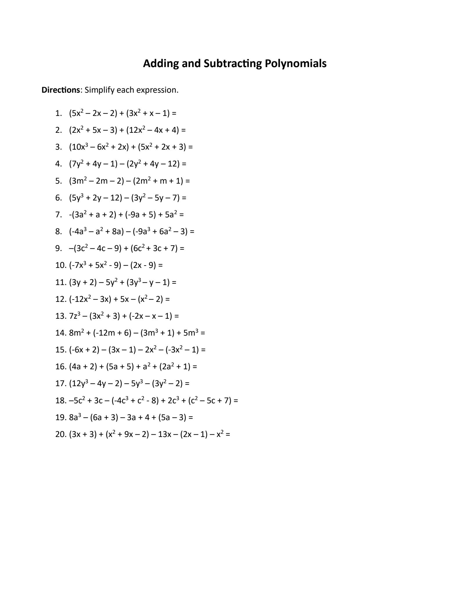 SOLUTION Math Worksheet Addition And Subtraction Of Polynomials 