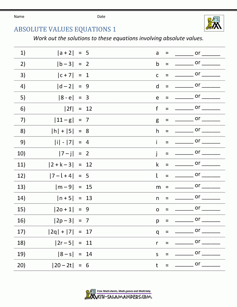 absolute value equations worksheet