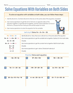 Solving Equations With Variables On Both Sides Math Activity 