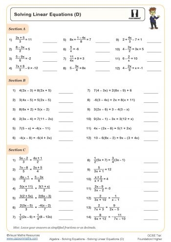 solving linear equations worksheet
