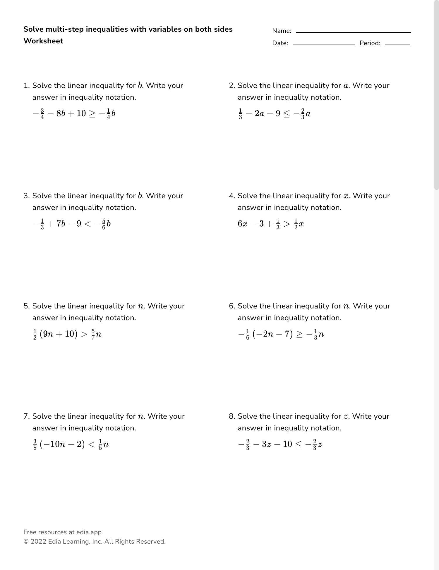 two step inequalities worksheet