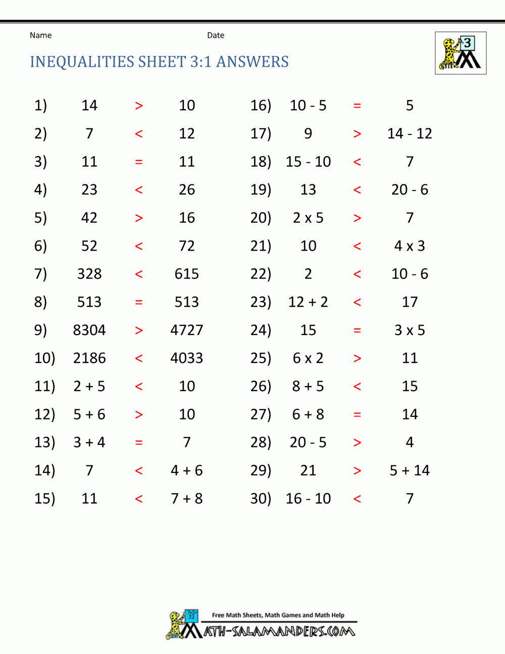 one step inequalities worksheet