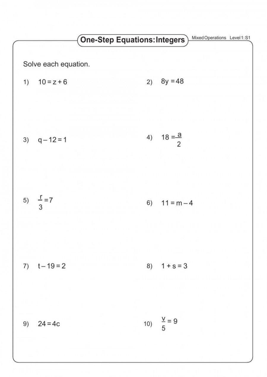Solving One Variable Equations Worksheet Printable PDF Template