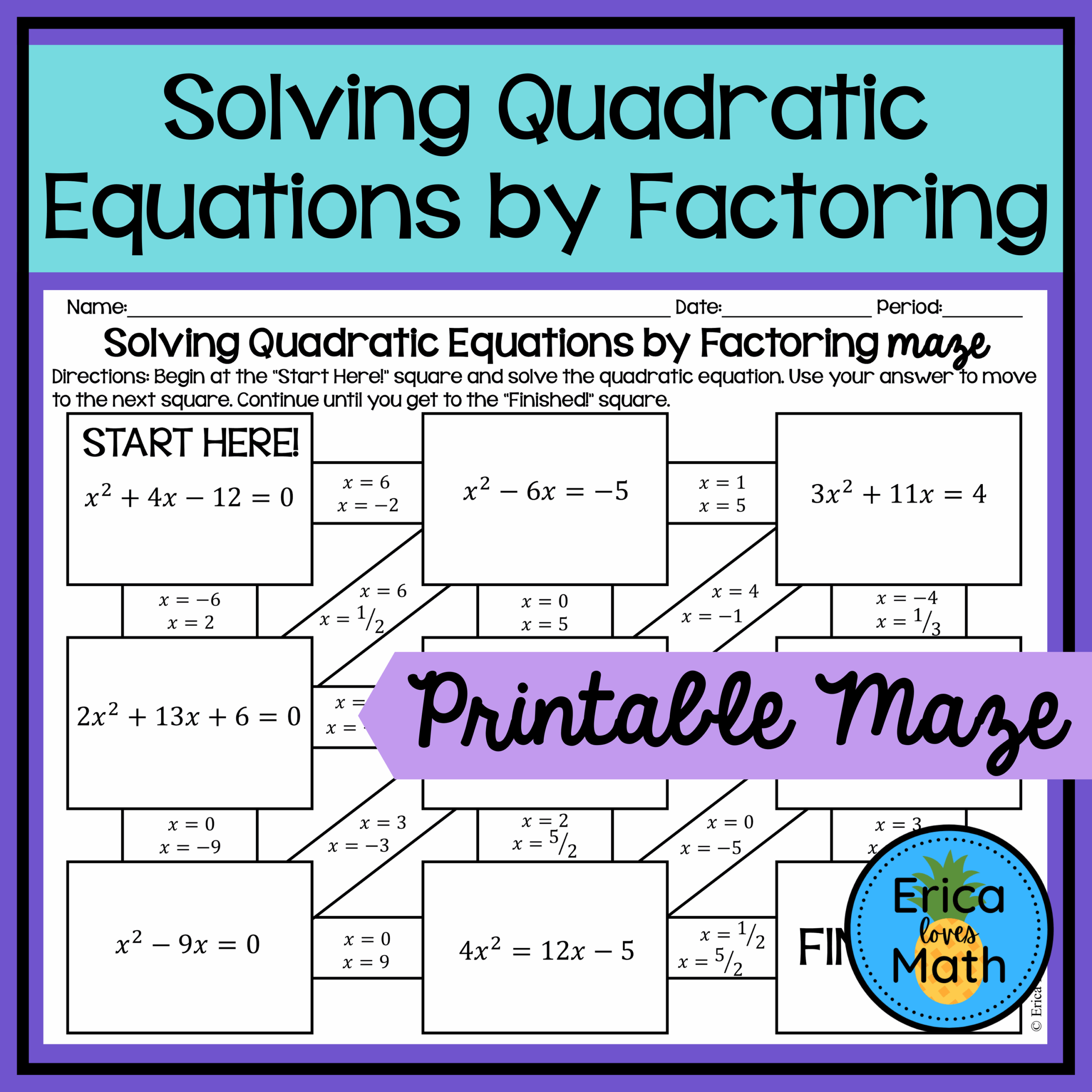 Solving Quadratic Equations By Factoring Activity Maze Classful 