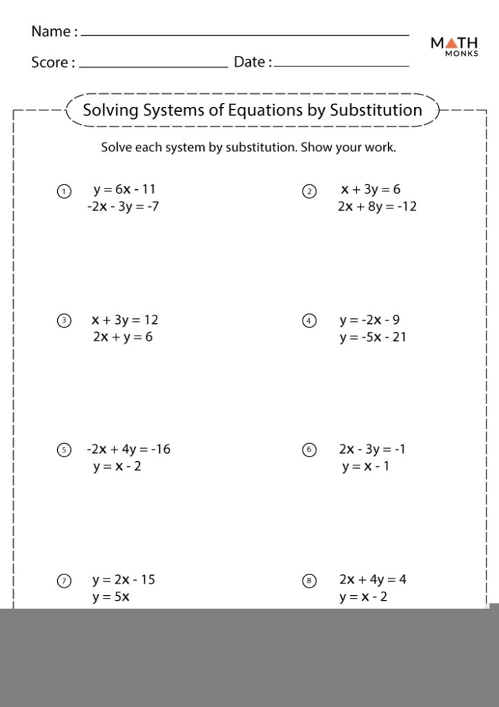 Solving Systems Of Equations By Substitution Worksheets Math Monks