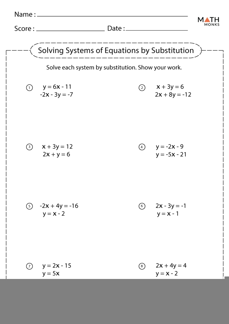 Solving Systems Of Equations By Substitution Worksheets Math Monks 