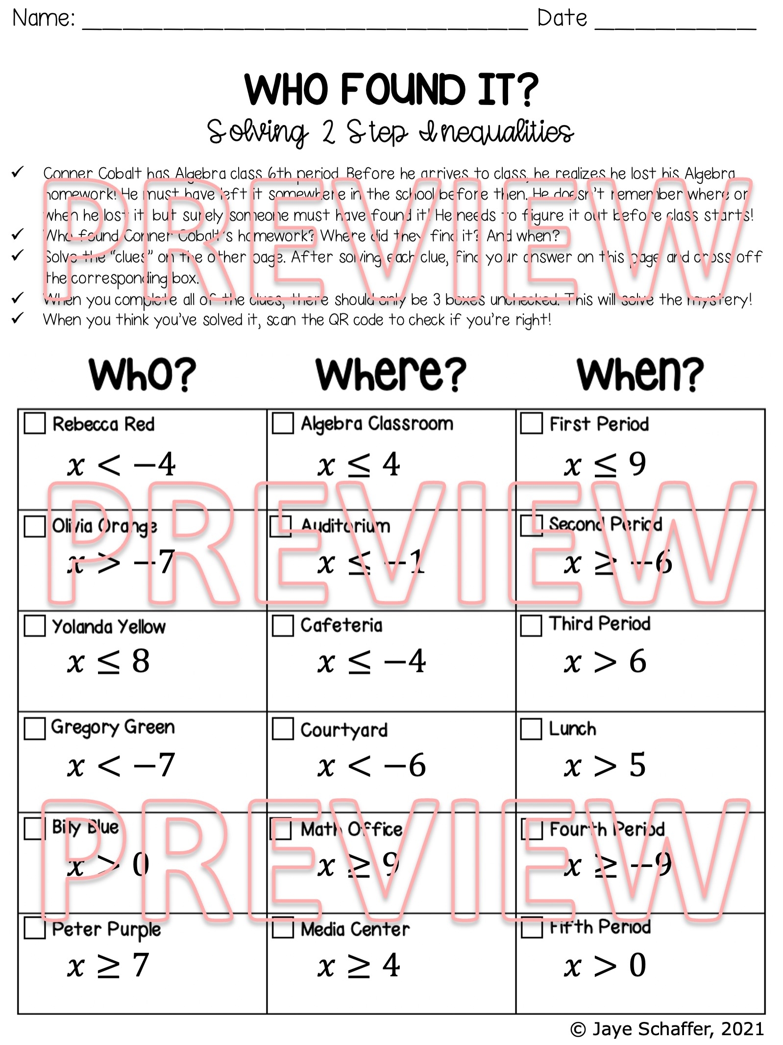 Solving Two Step Inequalities Clue Mystery Activity Worksheets Library