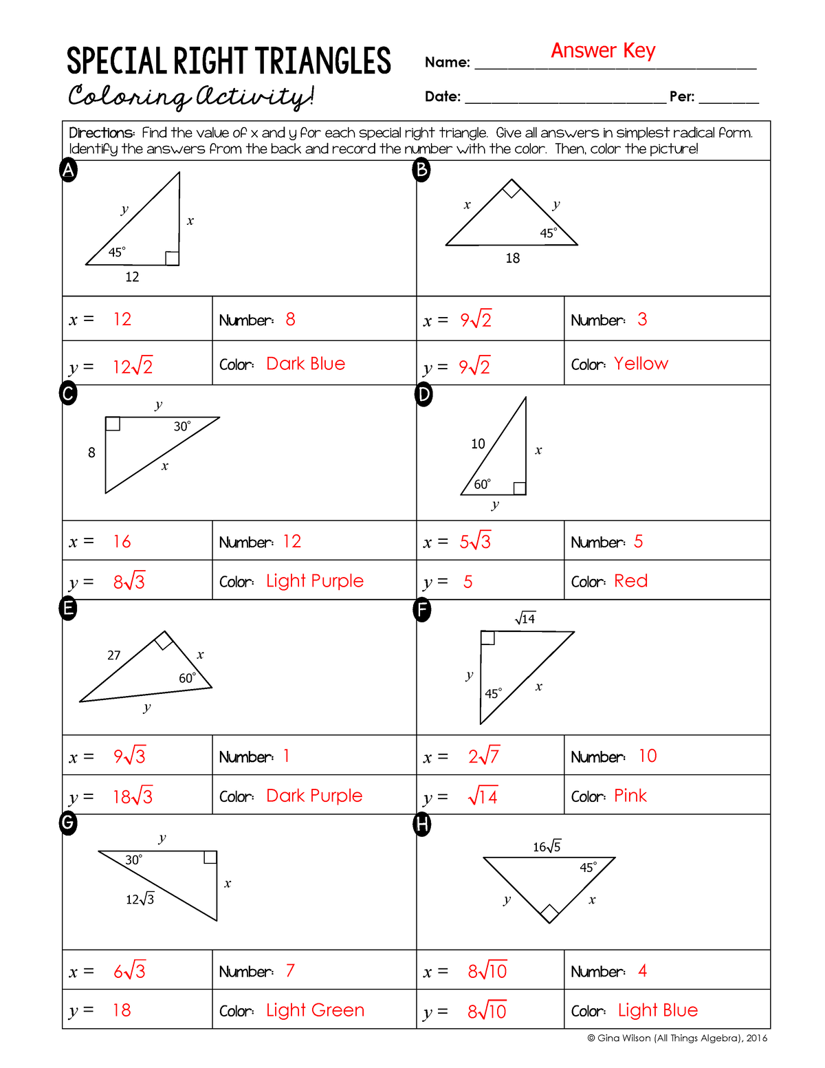 worksheet for special right triangles