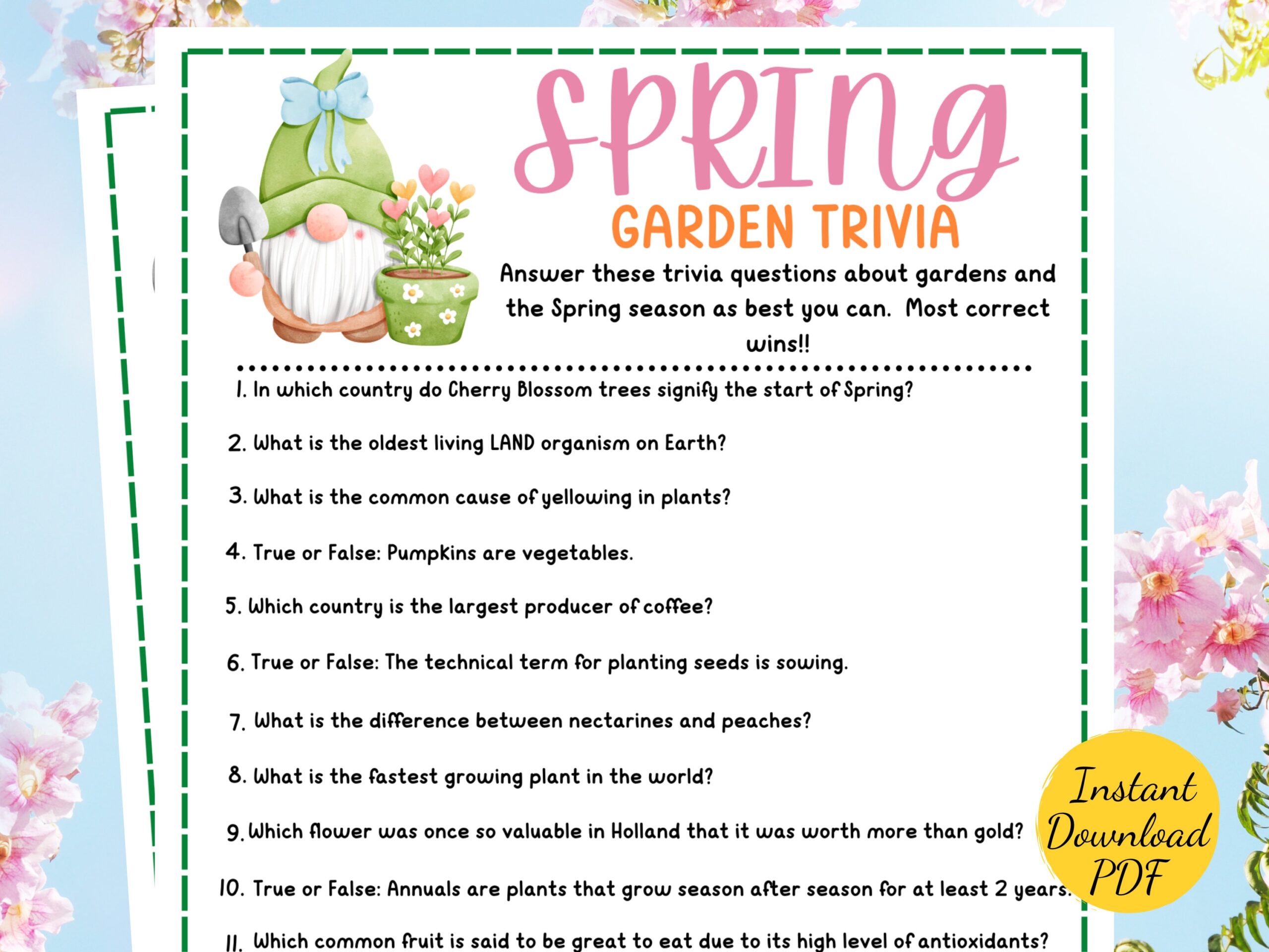 Spring GARDEN TRIVIA Game Printable Spring Season Party Game Spring 