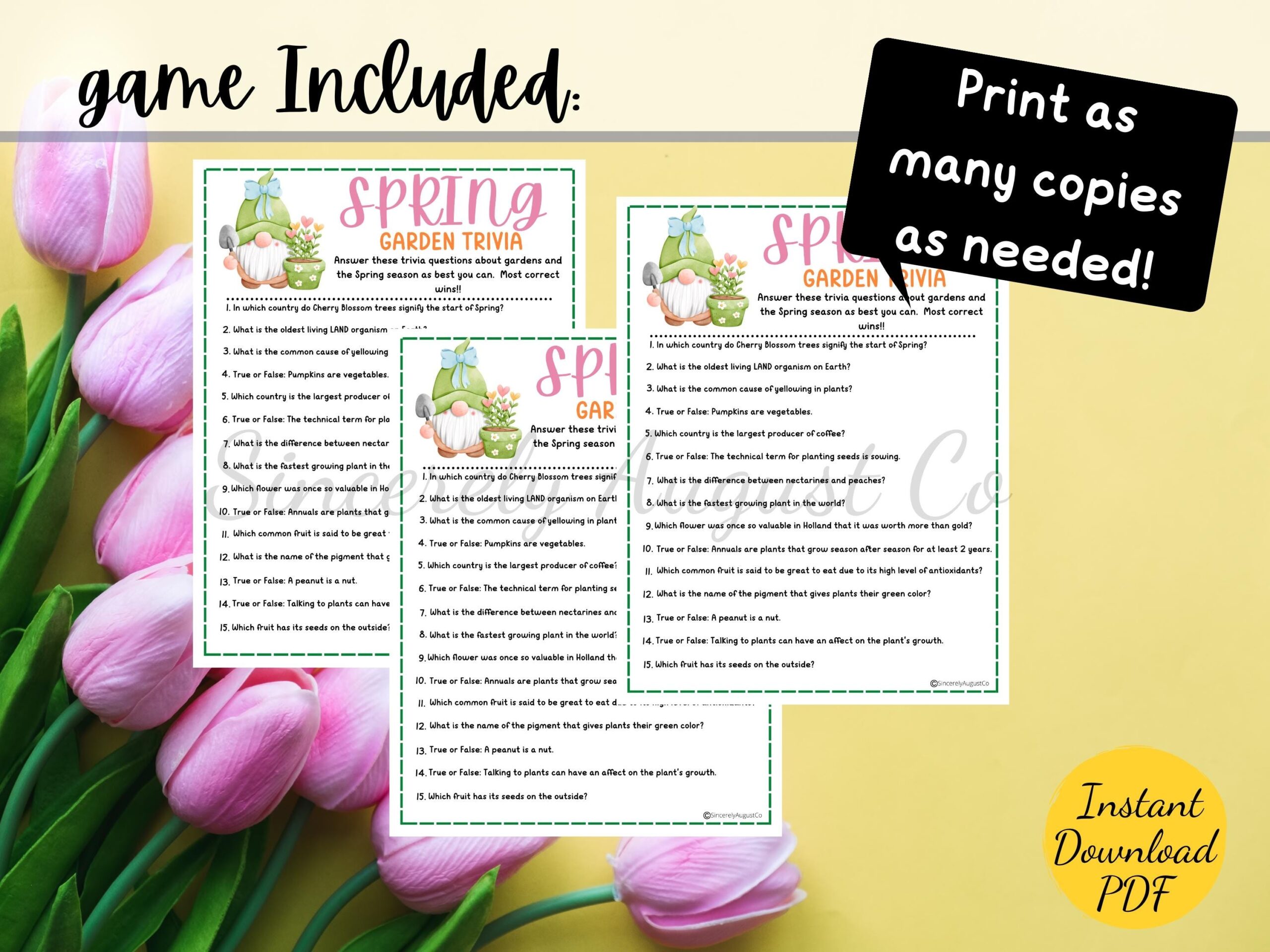 Spring GARDEN TRIVIA Game Printable Spring Season Party Game Spring 