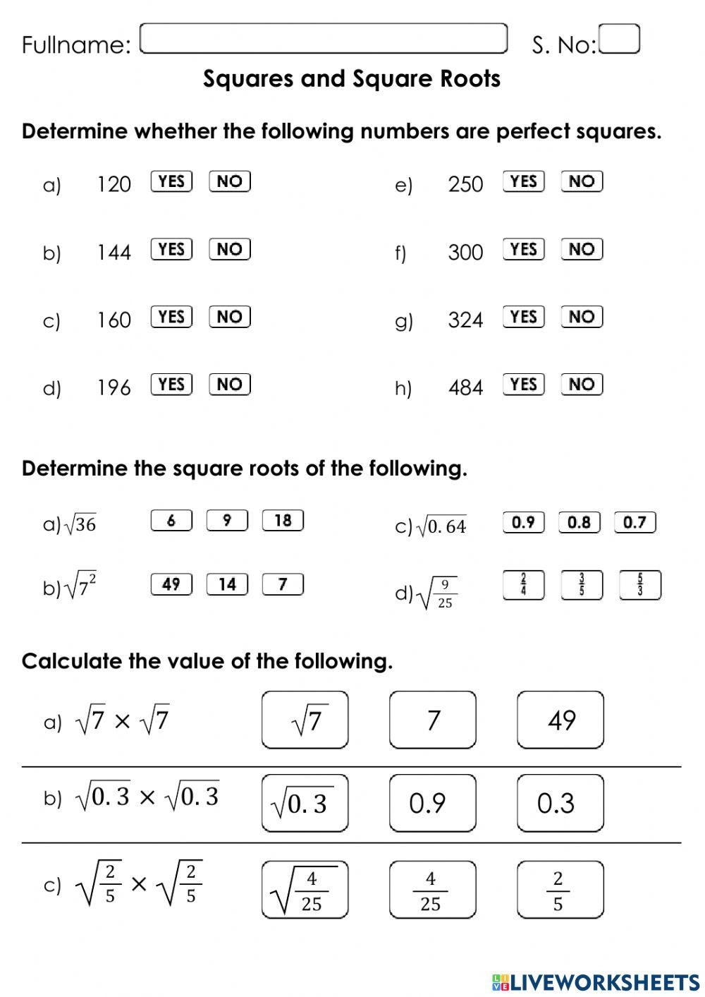 Squares And Square Roots Online Worksheet Live Worksheets 