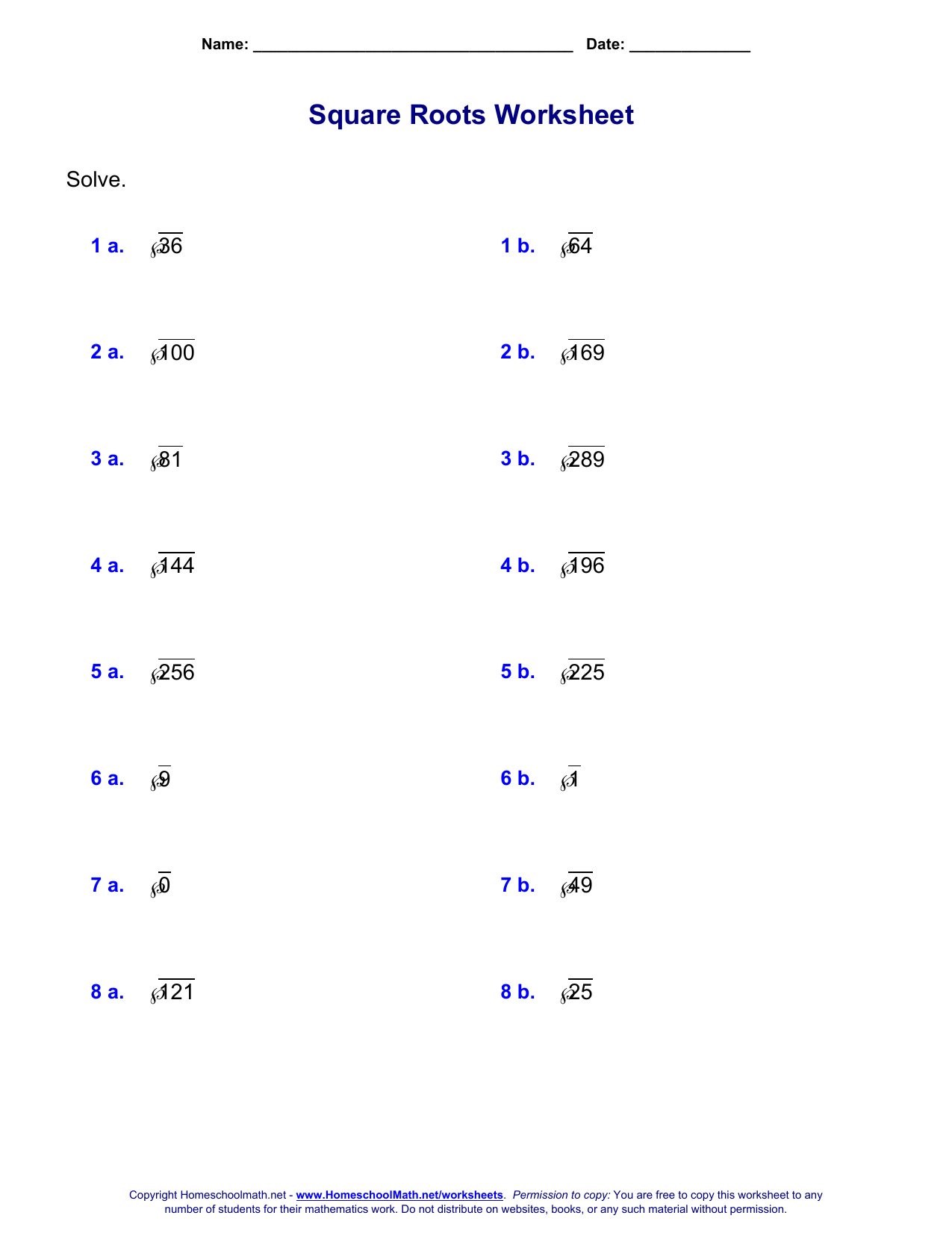 squares and square roots worksheet