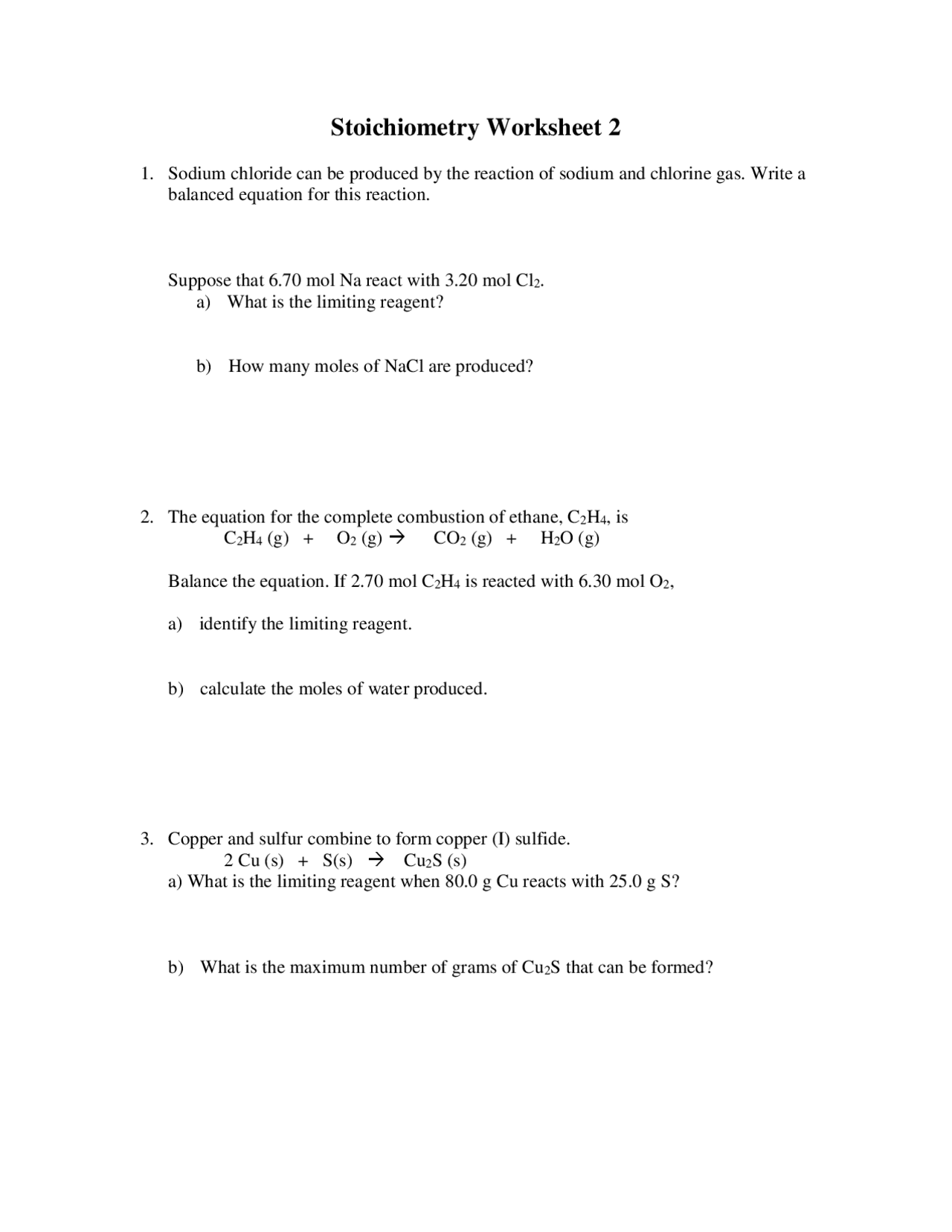 stoichiometry worksheet