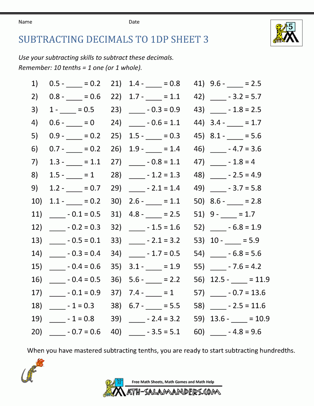 Subtracting Decimals Worksheet Worksheets Library
