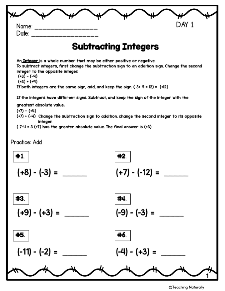 Subtracting Integers Math Practice Worksheets Made By Teachers 