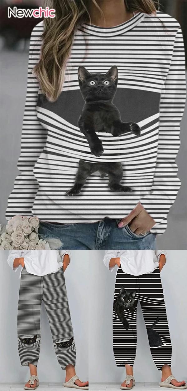 Super Cute Cat Print Tops Pants outfit fashion Cat Print Clothing 