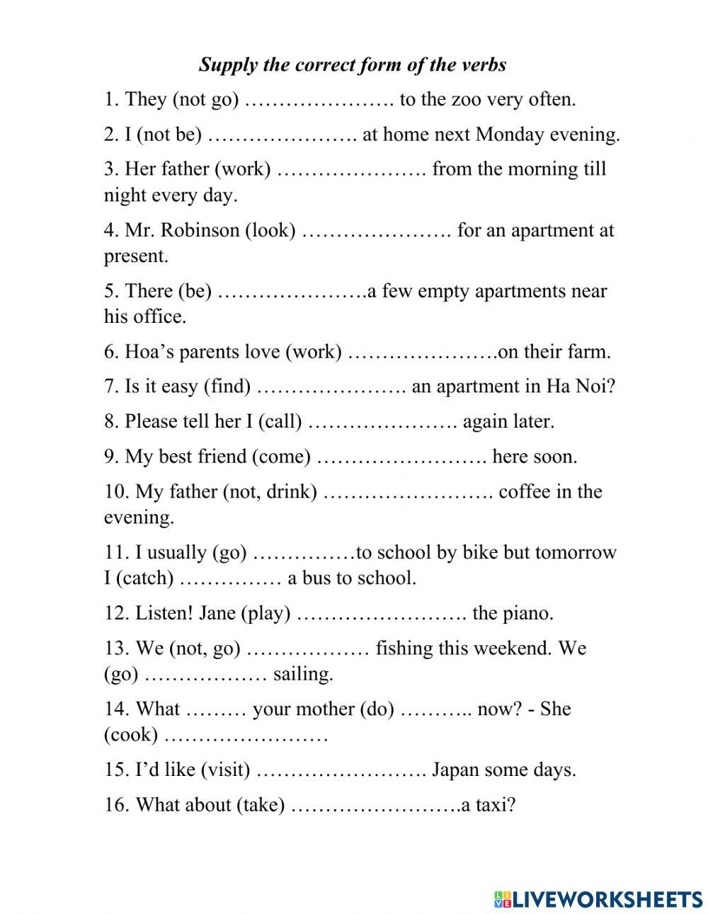 Supply The Correct Form Of The Verbs Worksheet Live Worksheets 