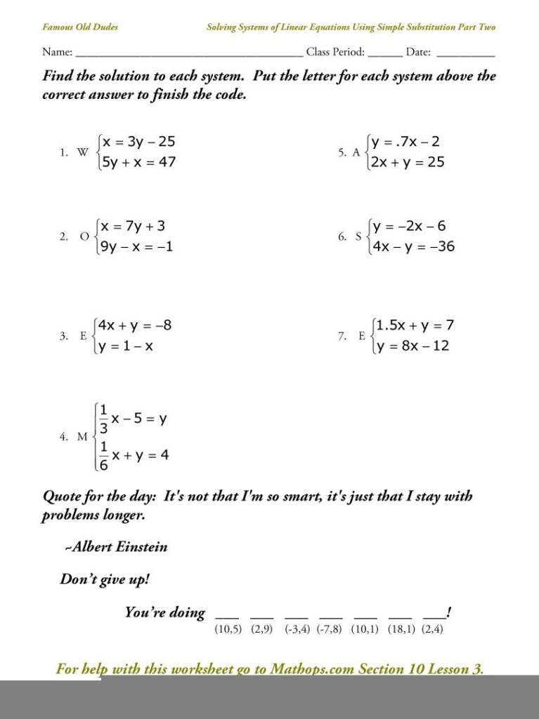 Systems Of Equations Substitution Worksheet Easy Equations Worksheets