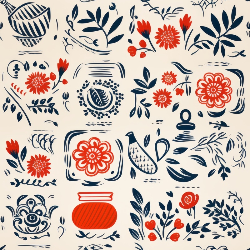 Teapot Garden Linocut Seamless Pattern Design For Download