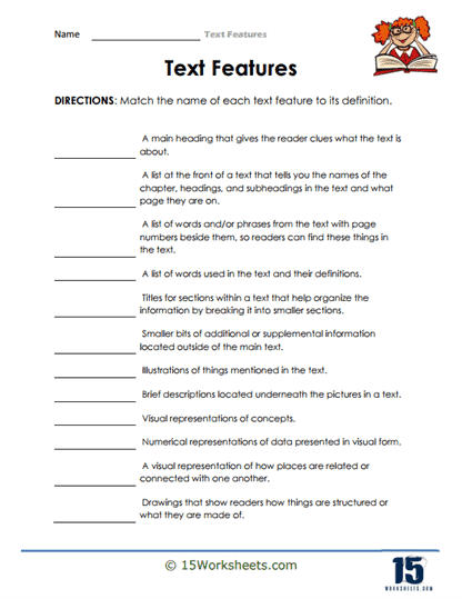 text features worksheet