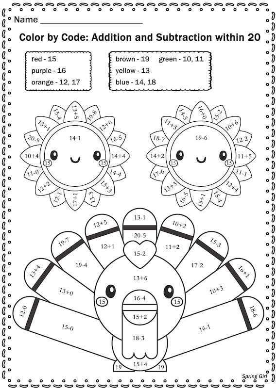 Thanksgiving Math Color By Code Worksheets Etsy Worksheets Library