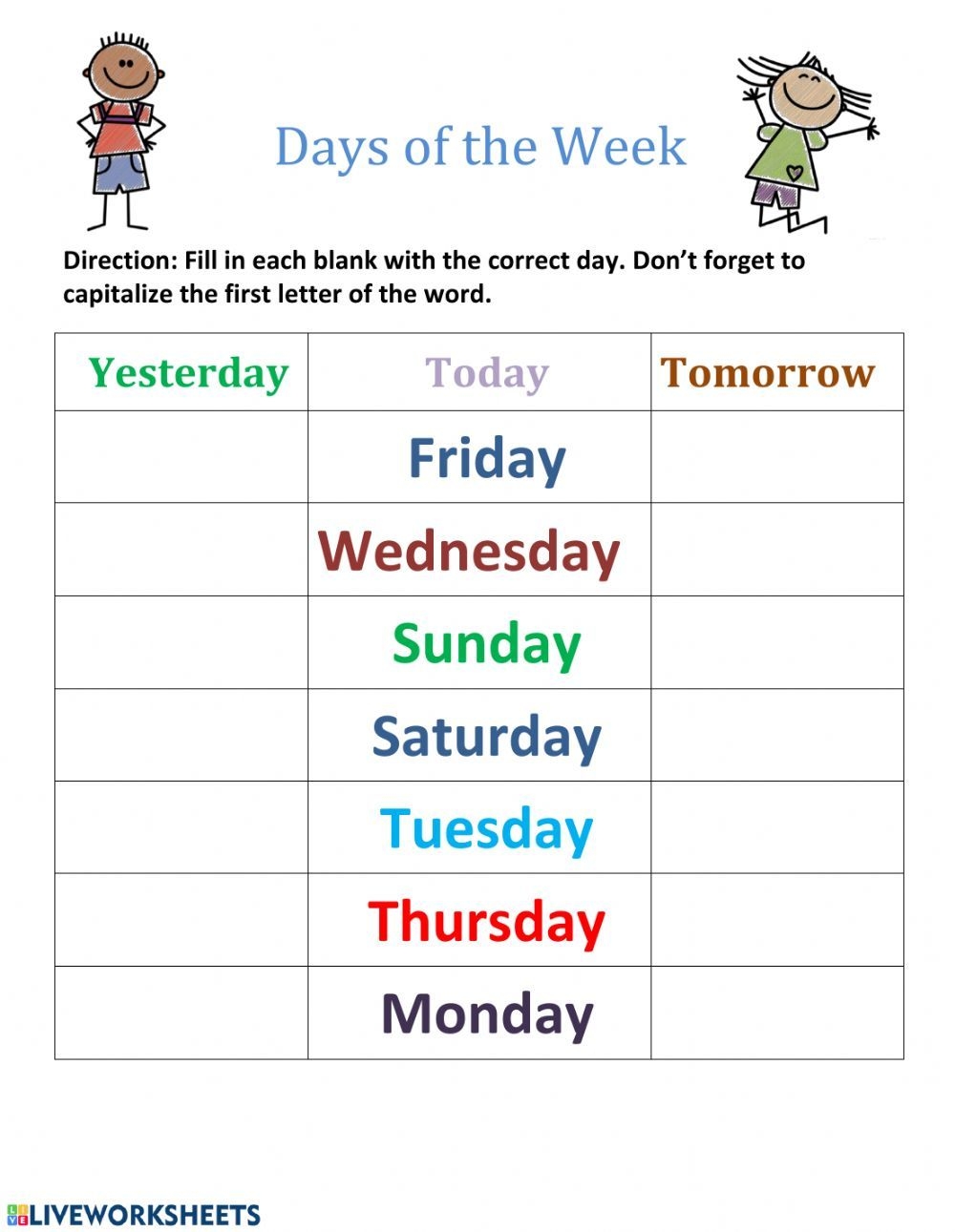 The Days Of The Week Worksheet For Students To Practice Their English 