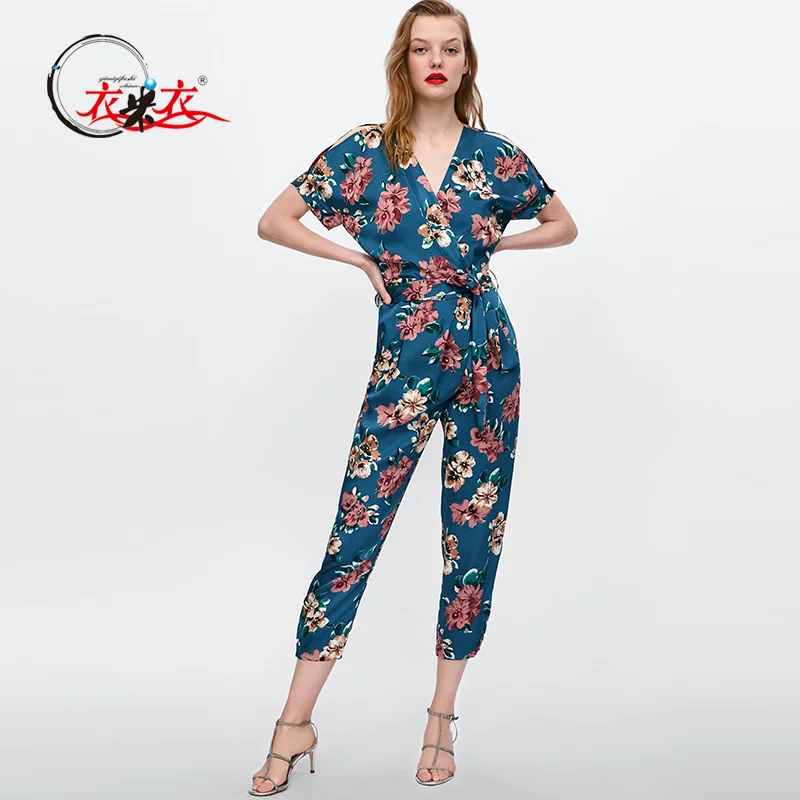The Fashion Floral Print Wrap V neck Short Sleeves Jumpsuit Mature 