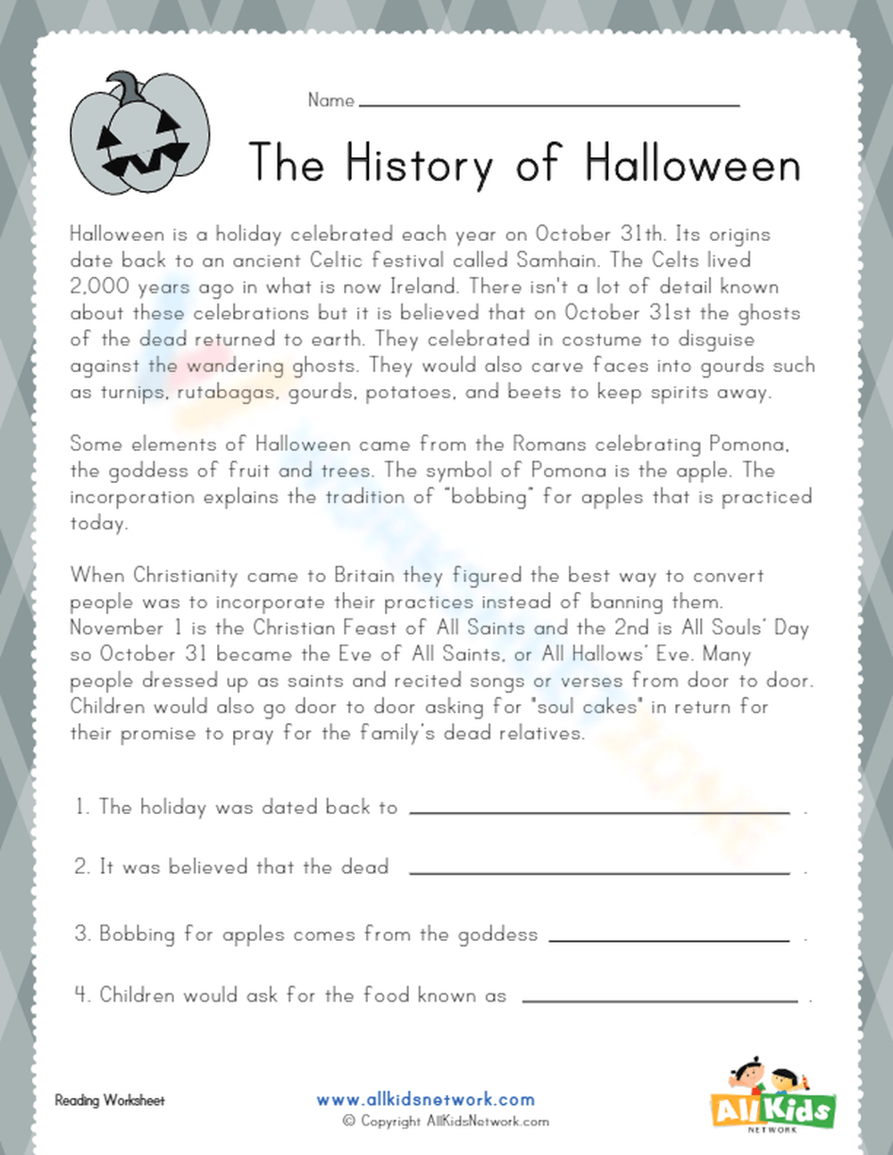 The History Of Halloween Comprehension Worksheet Teach Starter 