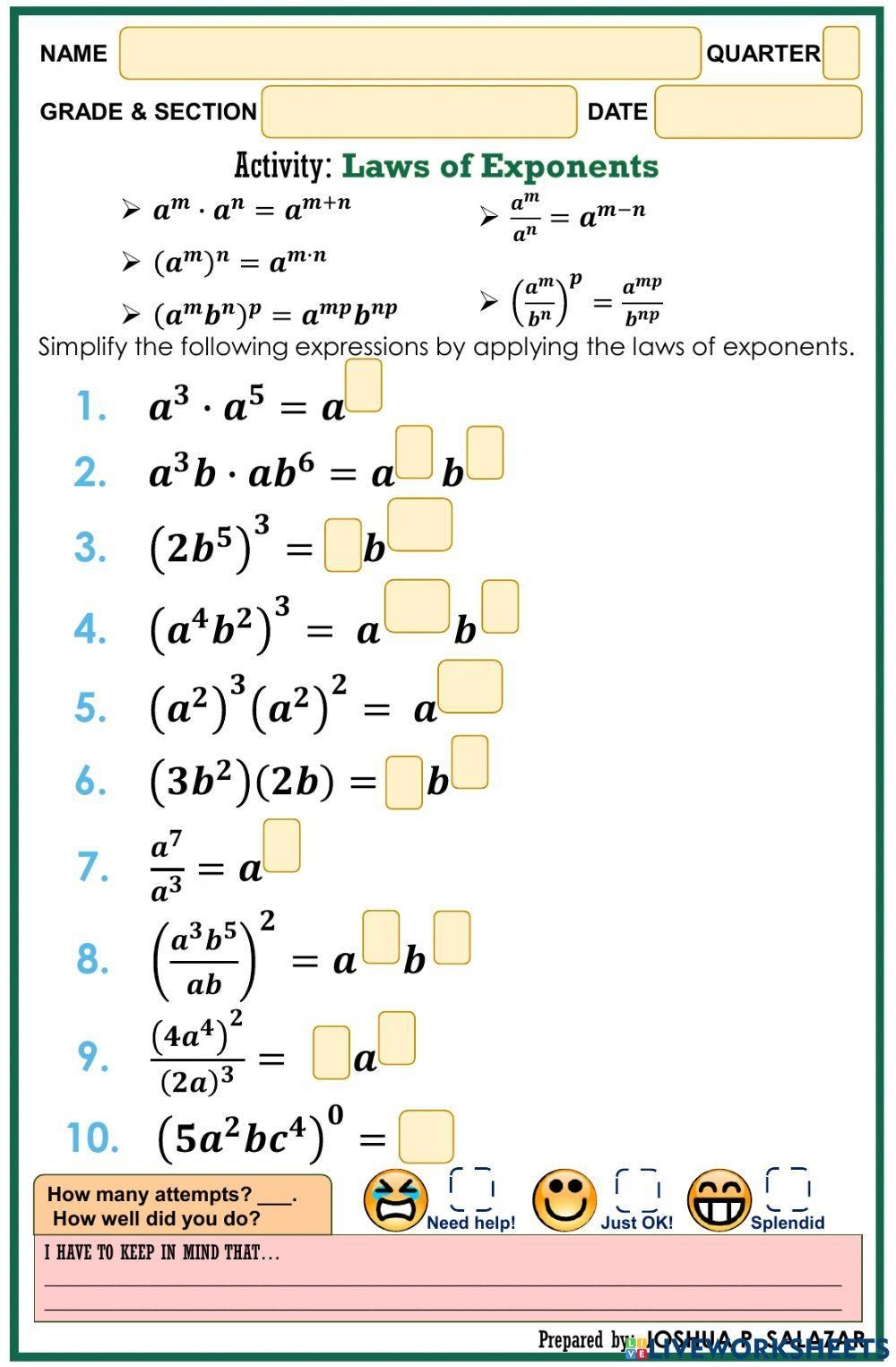 Thirty Four Simplify Using The Laws Of Exponents Worksheet For 