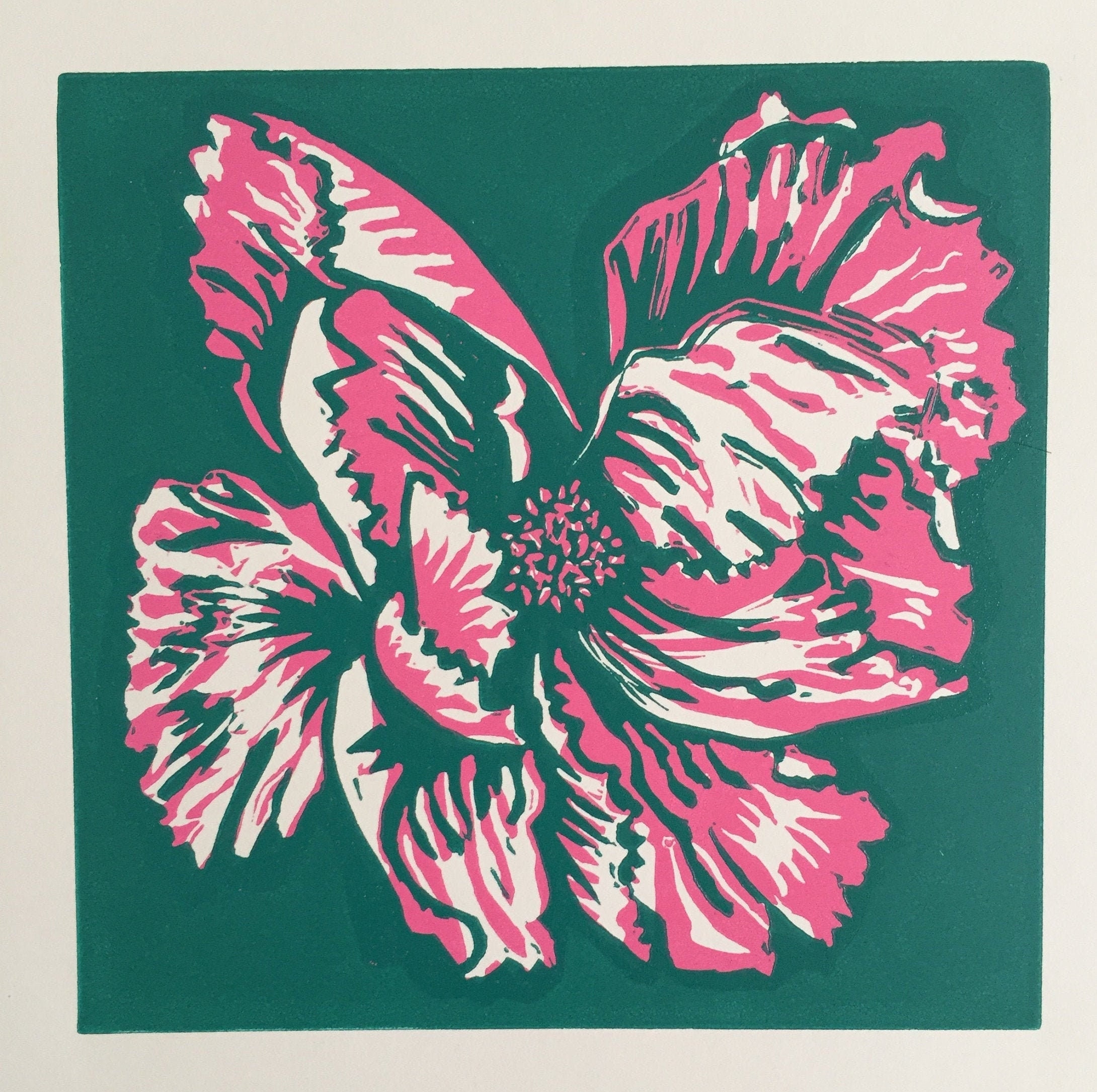 Tree Peony Flower Lino Print Lino Cut Original Art Pink Etsy