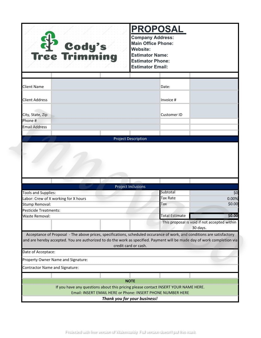 Tree Trimming Quote Template Tree Care Estimate Template Tree 