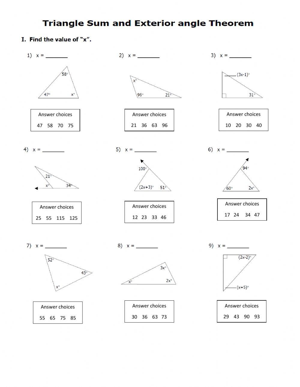 Triangle Sum And Exterior Angle Theorem Online Exercise For Live 