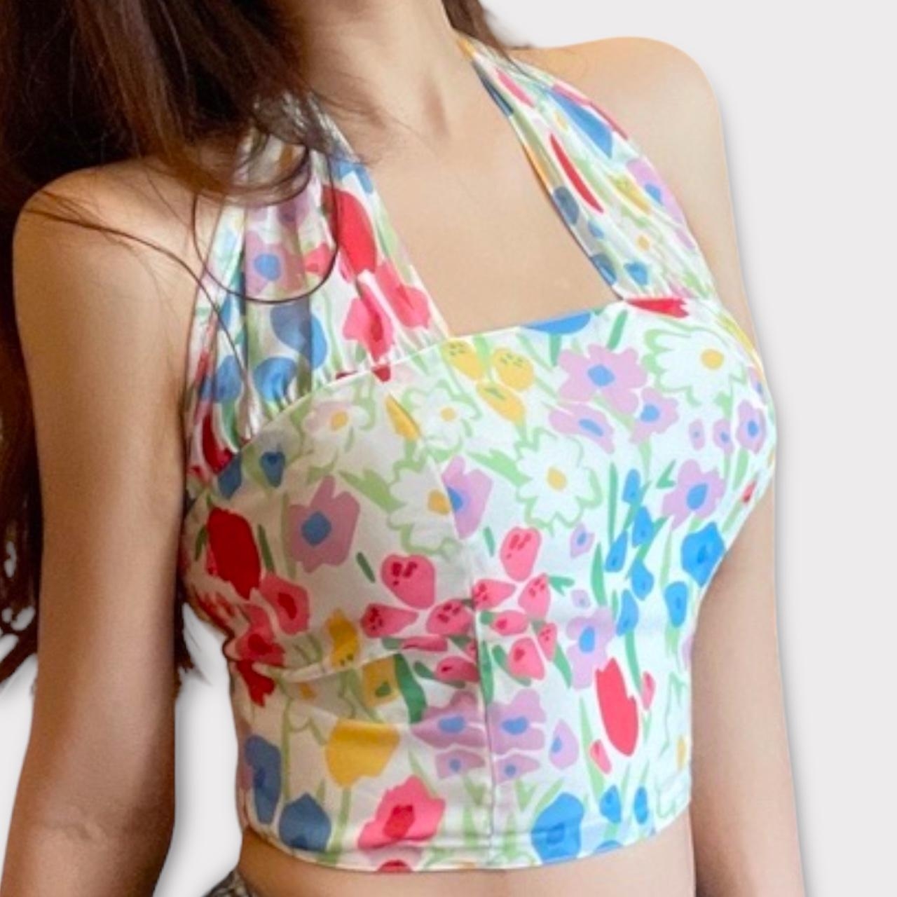  Tulip Garden Party Print Halter Neck Bandeau Depop