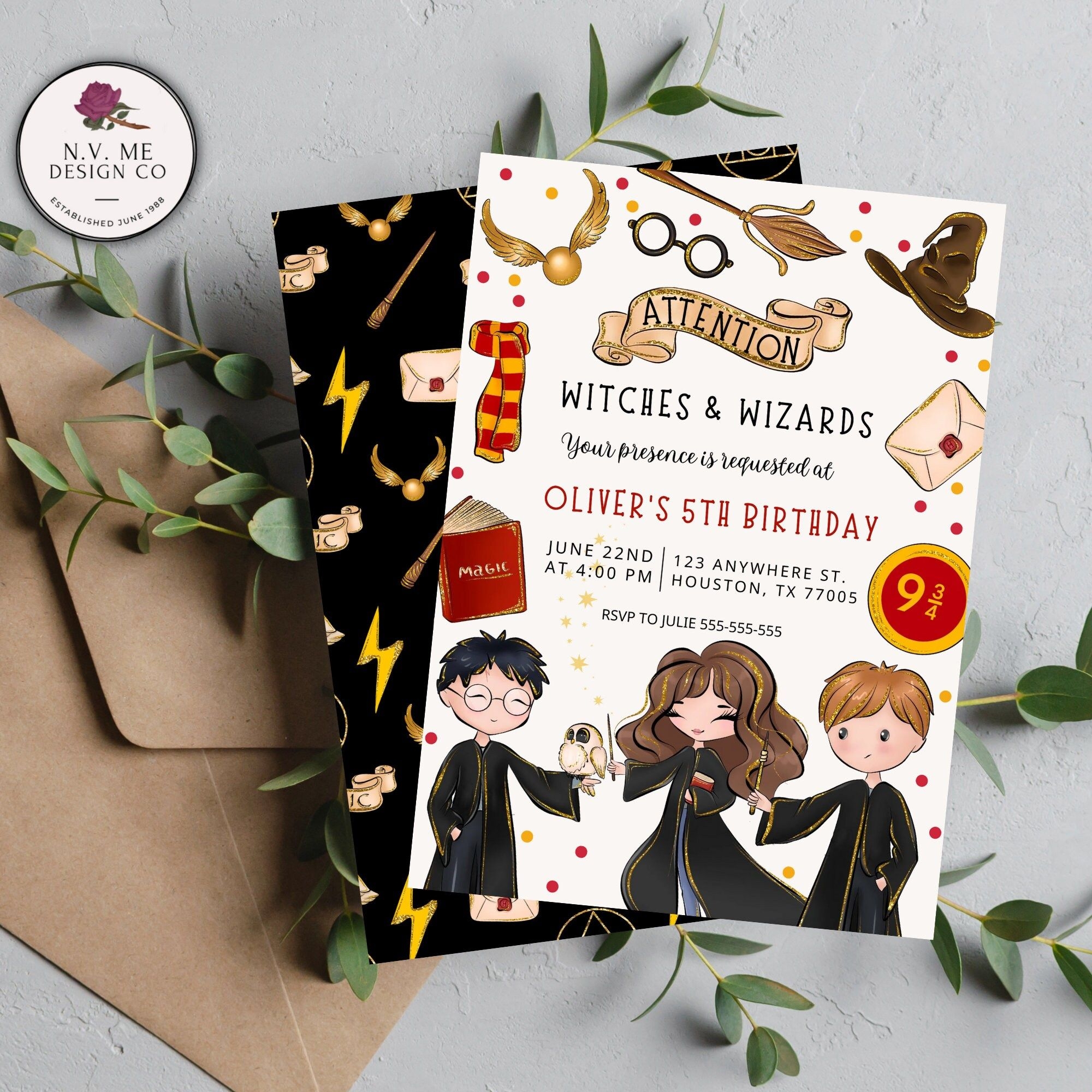 Two Harry Potter Themed Birthday Cards On Top Of An Envelope