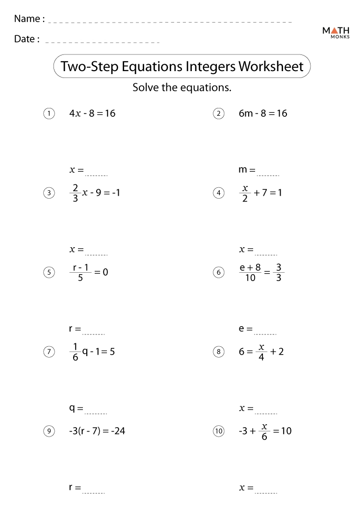 Two Step Equations Worksheets Math Monks