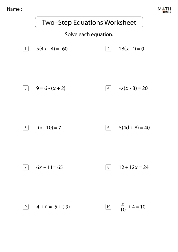 Two Step Equations Worksheets Math Monks